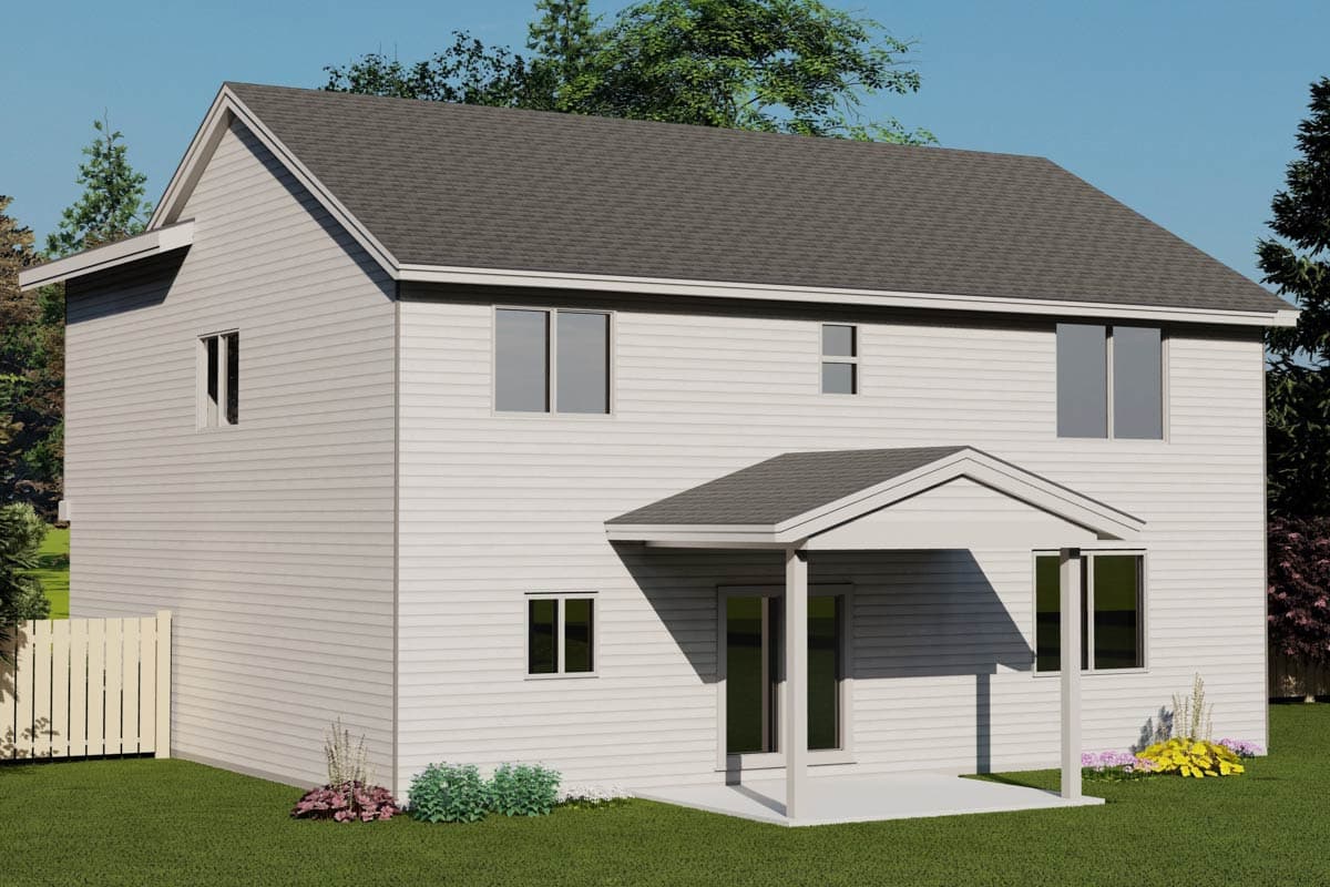 Two-story house plan exterior with siding, gable roof, and covered porch.