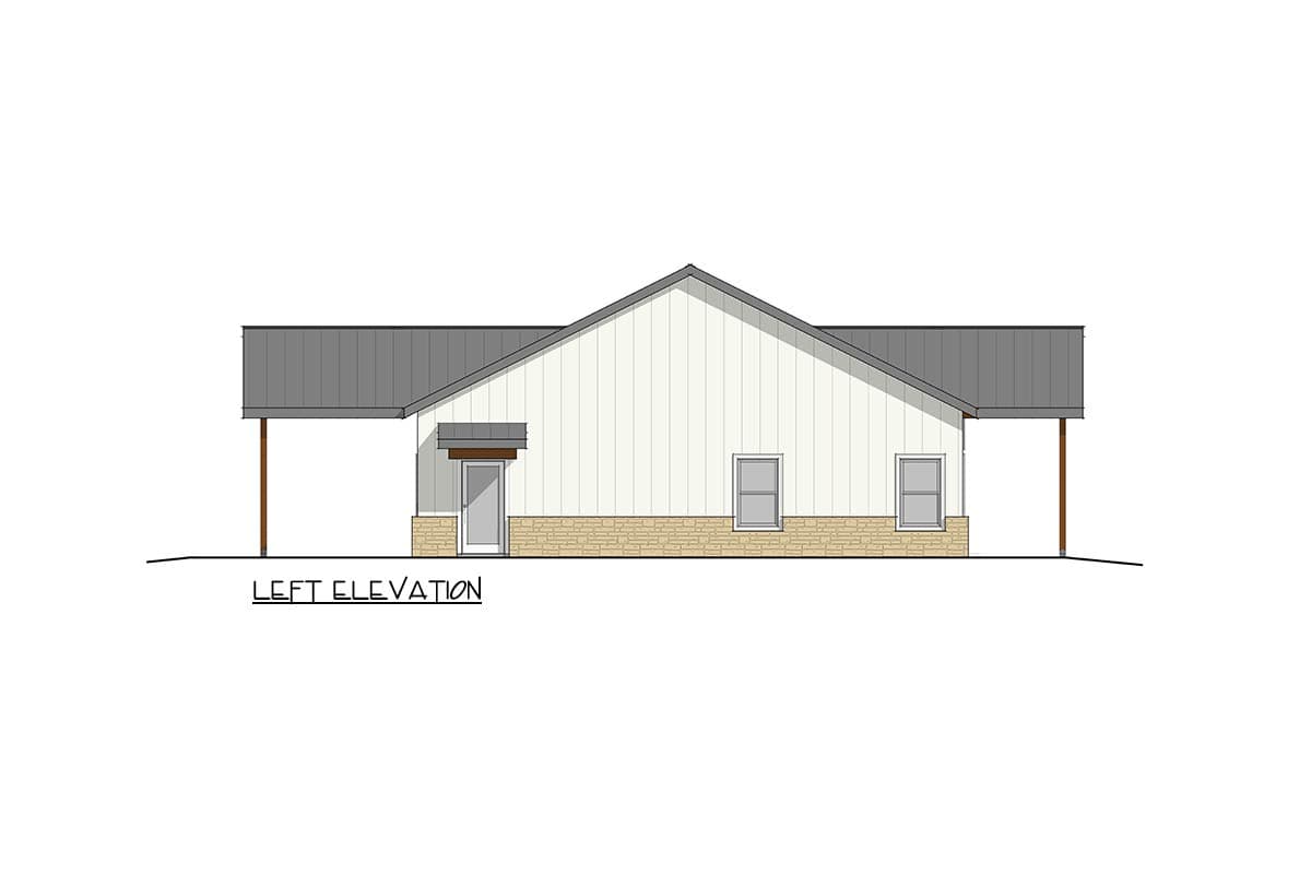 Left elevation of a house plan showing a single story with vertical siding, stone base, gable roof, and covered porch.