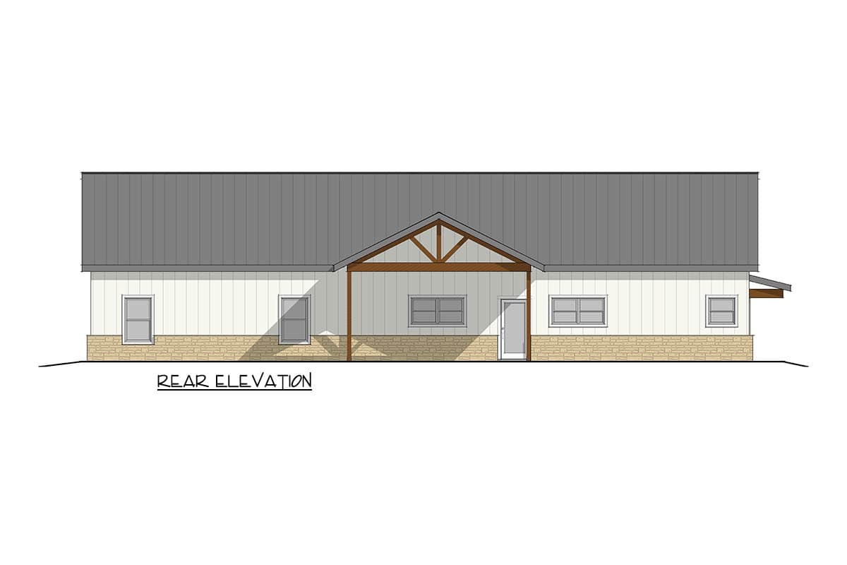 Rear elevation drawing of a single-story house with a gable roof, porch with exposed beams, and stone foundation.
