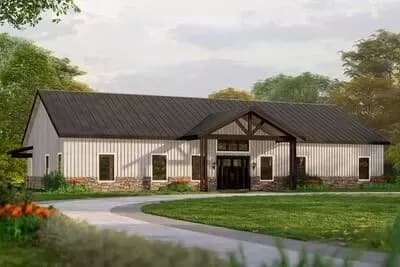 Modern 5-Bedroom Barndominium House Plan with Vaulted Open Living