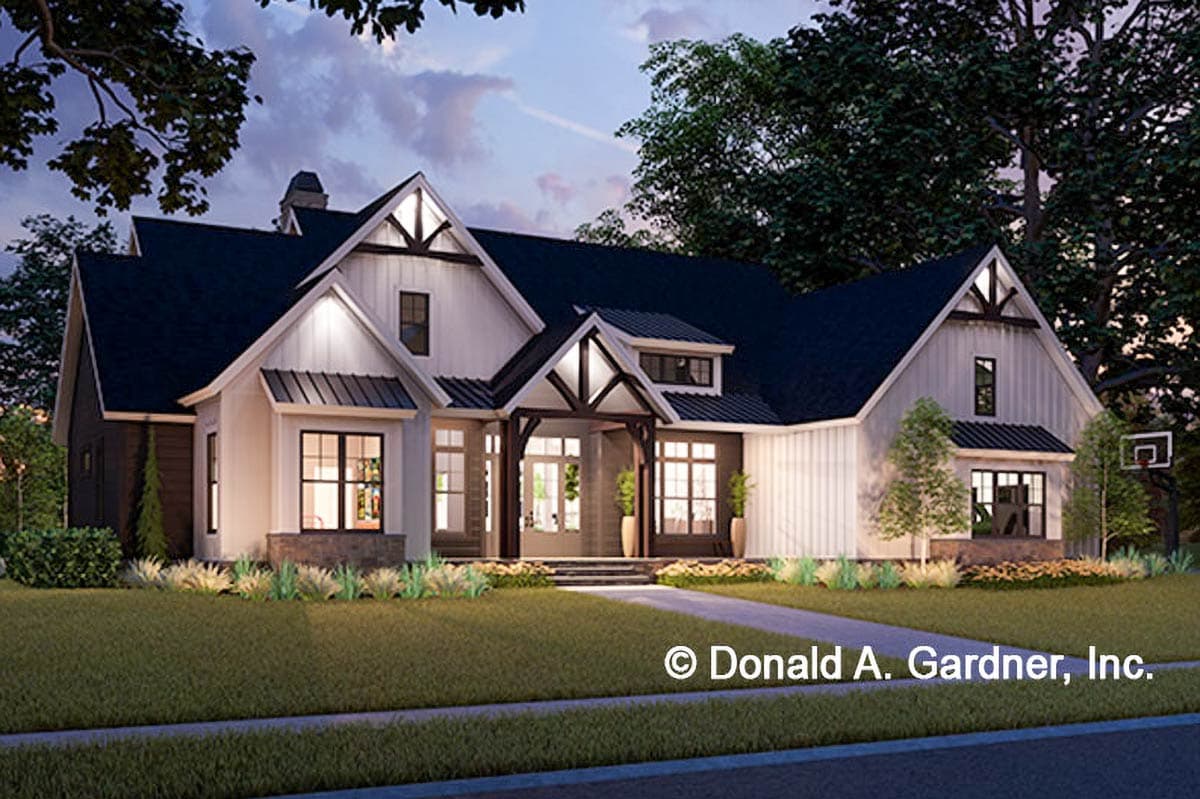 House plan exterior rendering. Two-story Modern Farmhouse with gables, a covered porch, and a dark roof. Features include board and batten siding.