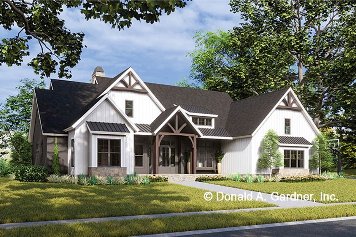 Modern Farmhouse house plan exterior with gables, a prominent timber-frame entrance, and dark metal roof accents.