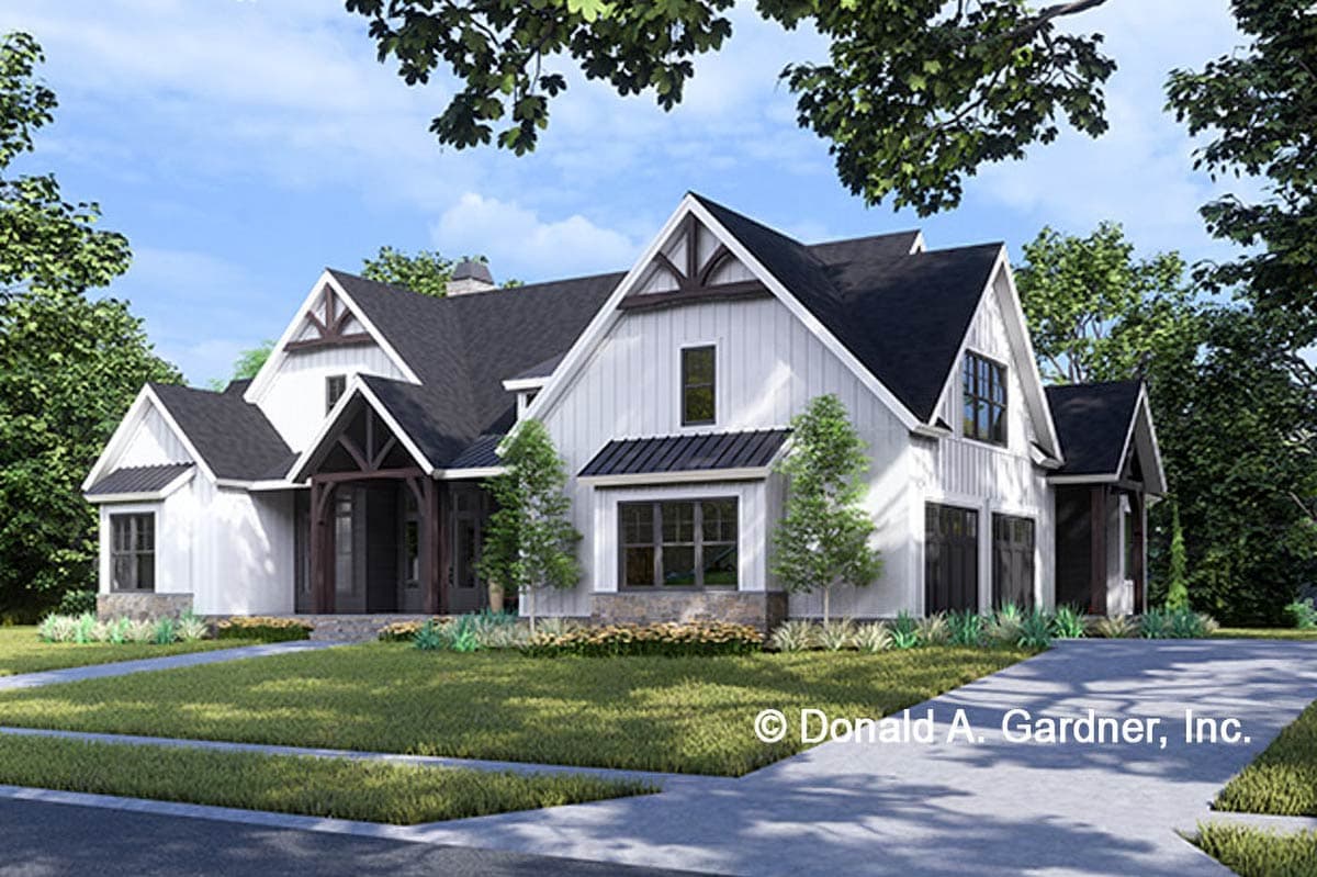 Modern Farmhouse house plan exterior with gables, board and batten siding, and prominent timber-framed entrance.