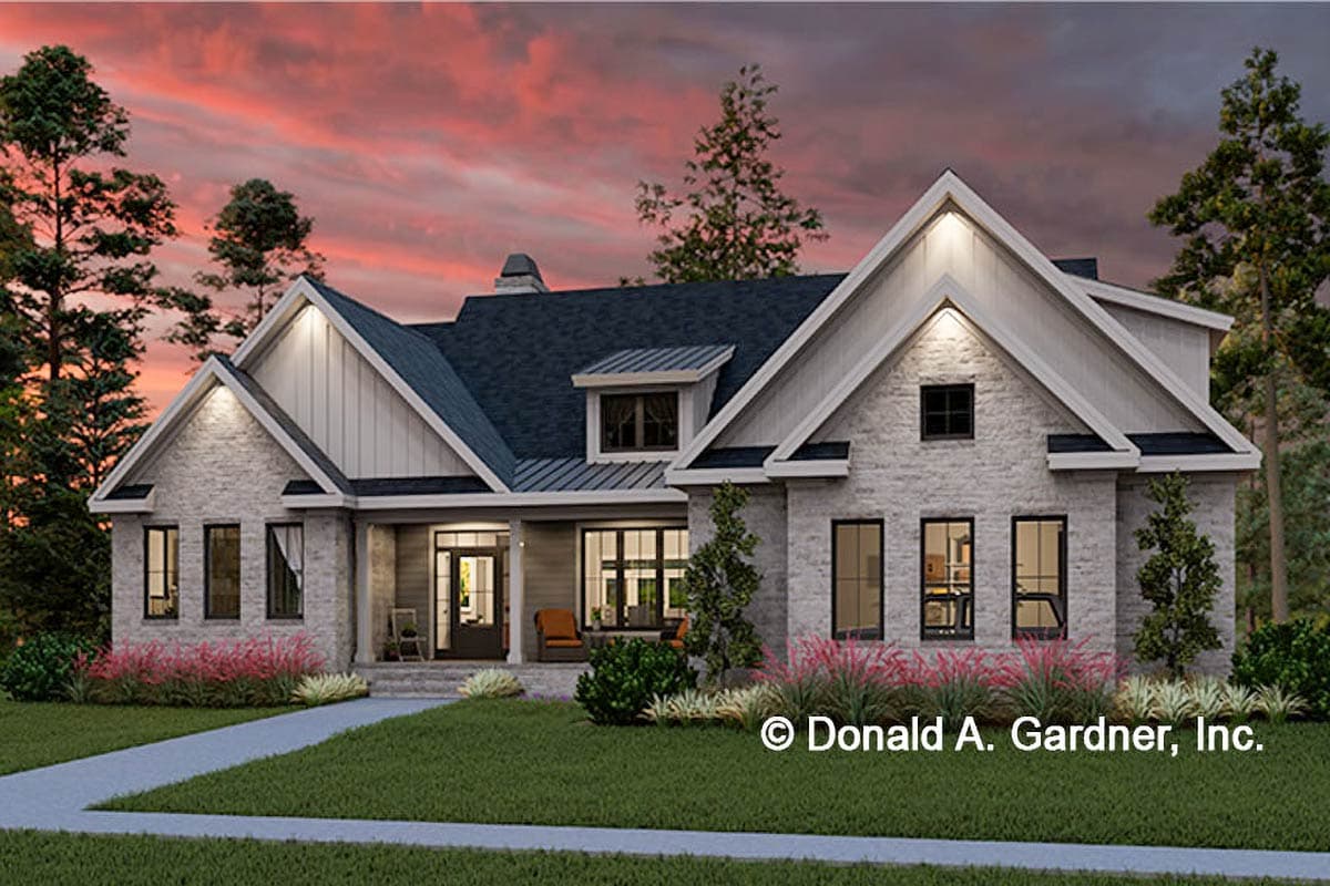 House plan exterior featuring a two-story design with a gabled roof, stone facade, and covered porch.