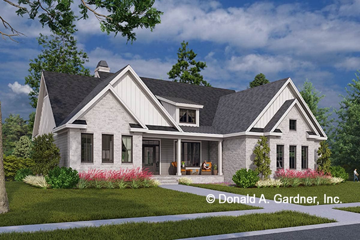 House plan exterior: Modern farmhouse style, one story, with a covered porch, prominent gables, and brick facade.