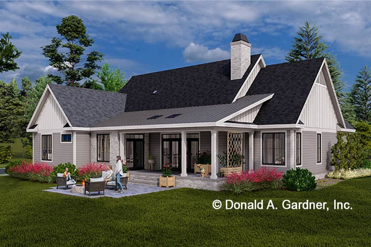 House plan exterior, one-story Modern Farmhouse with covered porch, multiple gables, and stone chimney.