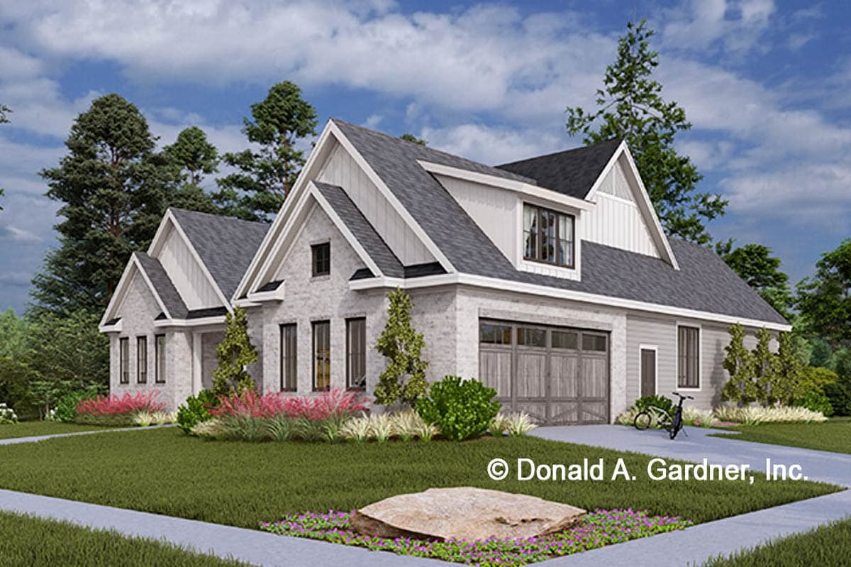 House plan exterior: Modern Farmhouse style, two stories, white brick, gables, dormer, attached garage with wood door.