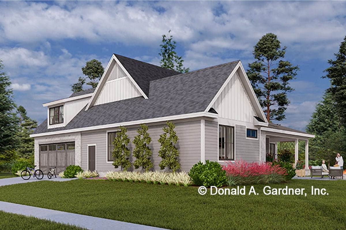 House plan exterior: Modern Farmhouse style, 1.5 stories, with a covered front porch, gables, and a side-entry garage.