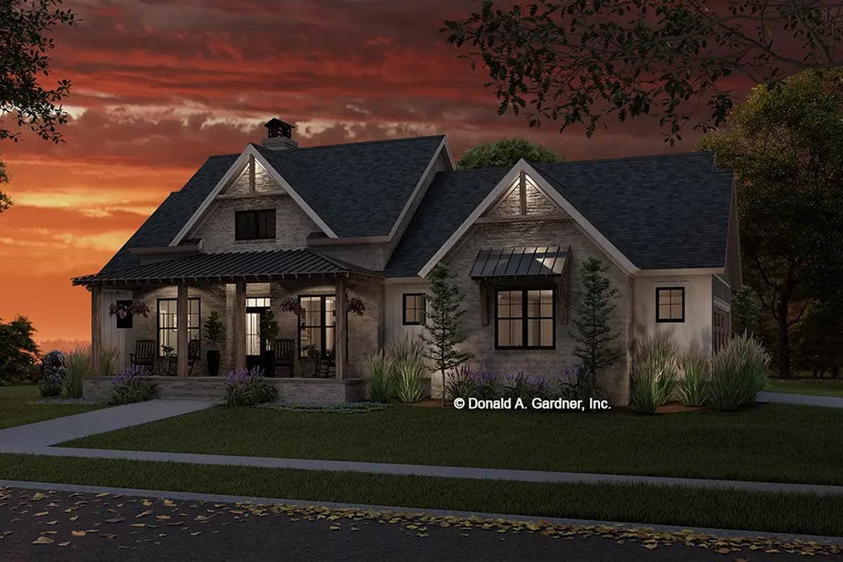House plan exterior: Modern Farmhouse style, two stories, with gabled dormers, a covered front porch, and stone accents.