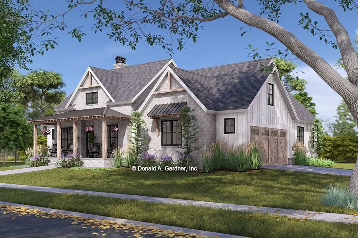 House plan exterior: Modern Farmhouse style, two stories, covered front porch, stone and board-and-batten siding, and a two-car garage.