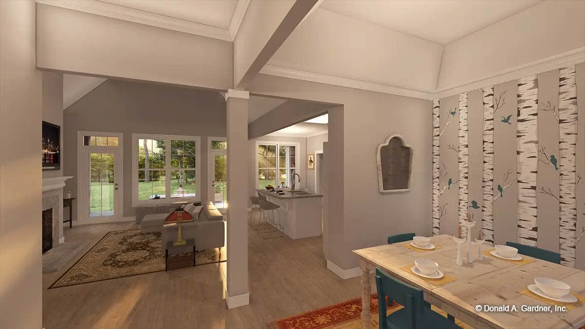 Open concept interior rendering showing living area with fireplace, kitchen island, and dining area with birch tree wallpaper.