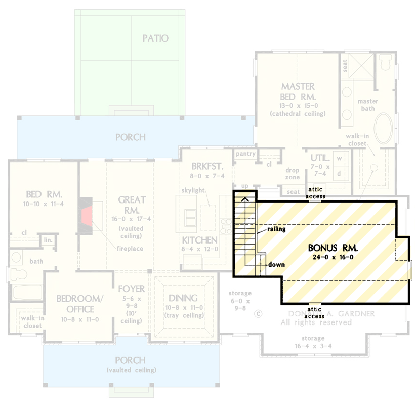 Plan 444436GDN: Modern Farmhouse House Plan: Split Beds, Two-Story Great Room, Front Porch - Floor Plan - Optionally Finished Bonus Room - Modern Farmhouse, New American