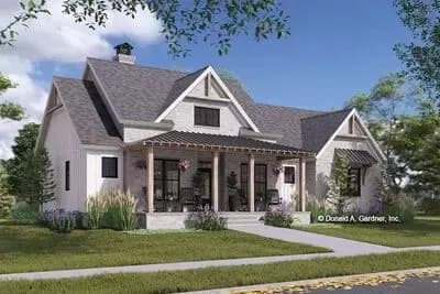 Modern Farmhouse House Plan: Split Beds, Two-Story Great Room, Front Porch