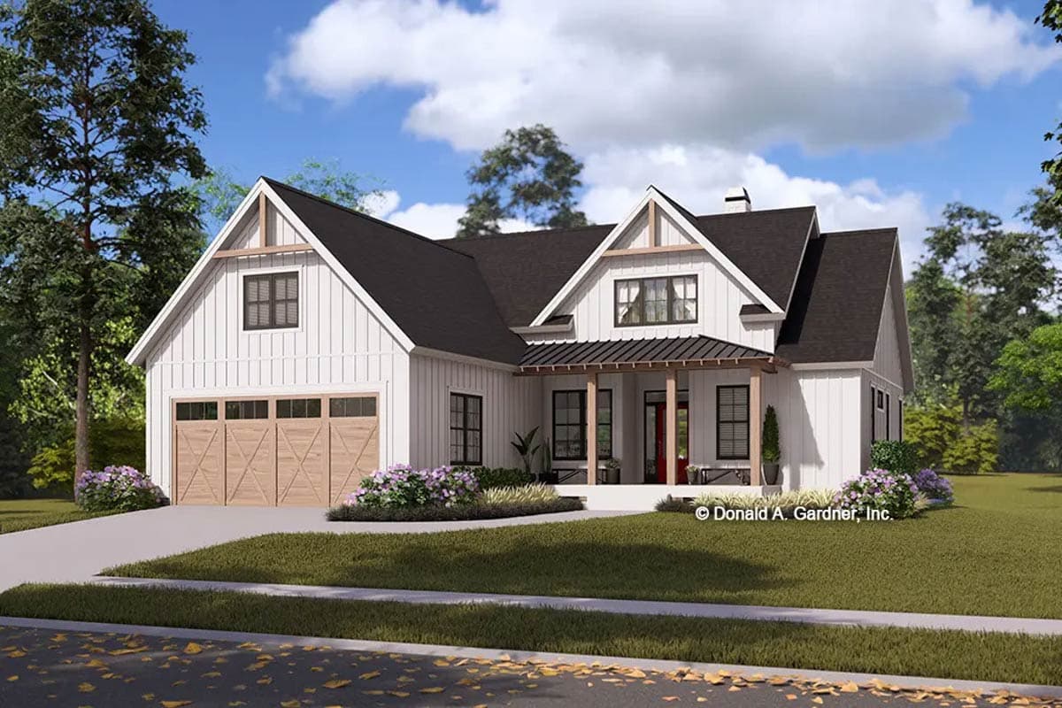 House plan exterior featuring a Modern Farmhouse style. The design shows a two-story home with a gabled roof, a front porch, and a side-entry garage.