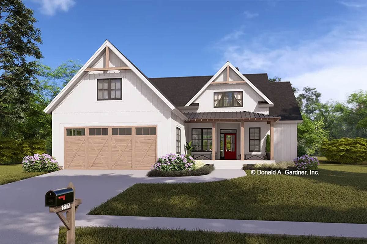 Modern Farmhouse house plan exterior with a prominent gable, board-and-batten siding, and a welcoming covered porch.