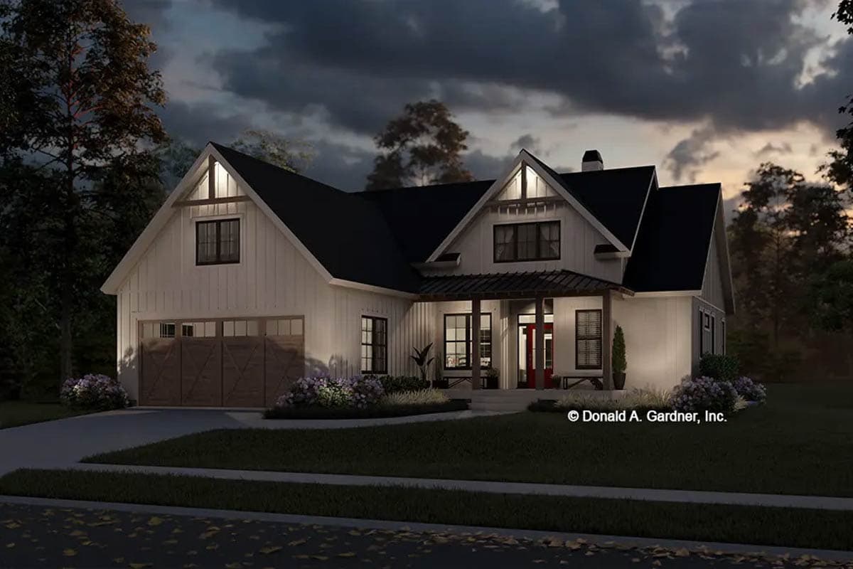 Modern Farmhouse house plan exterior with a two-car side-entry garage, prominent gables, and covered front porch.