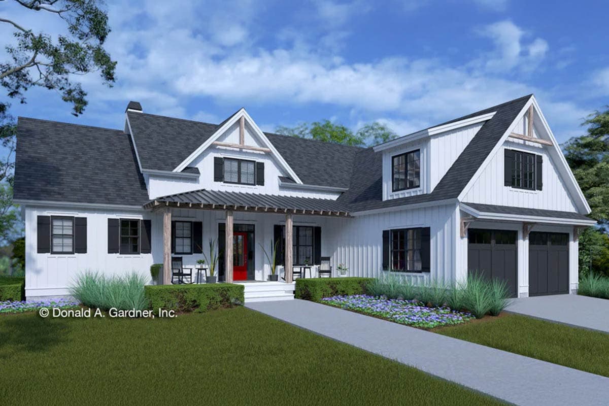 House plan exterior. Two-story Modern Farmhouse with a gabled roof, covered porch, and attached two-car garage.