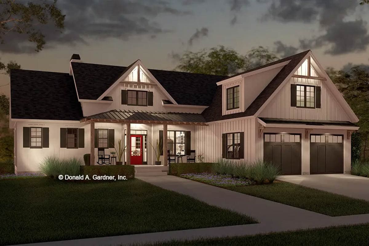 Modern Farmhouse house plan exterior, two stories, with gables, dormers, covered entry porch, and a three-car garage.
