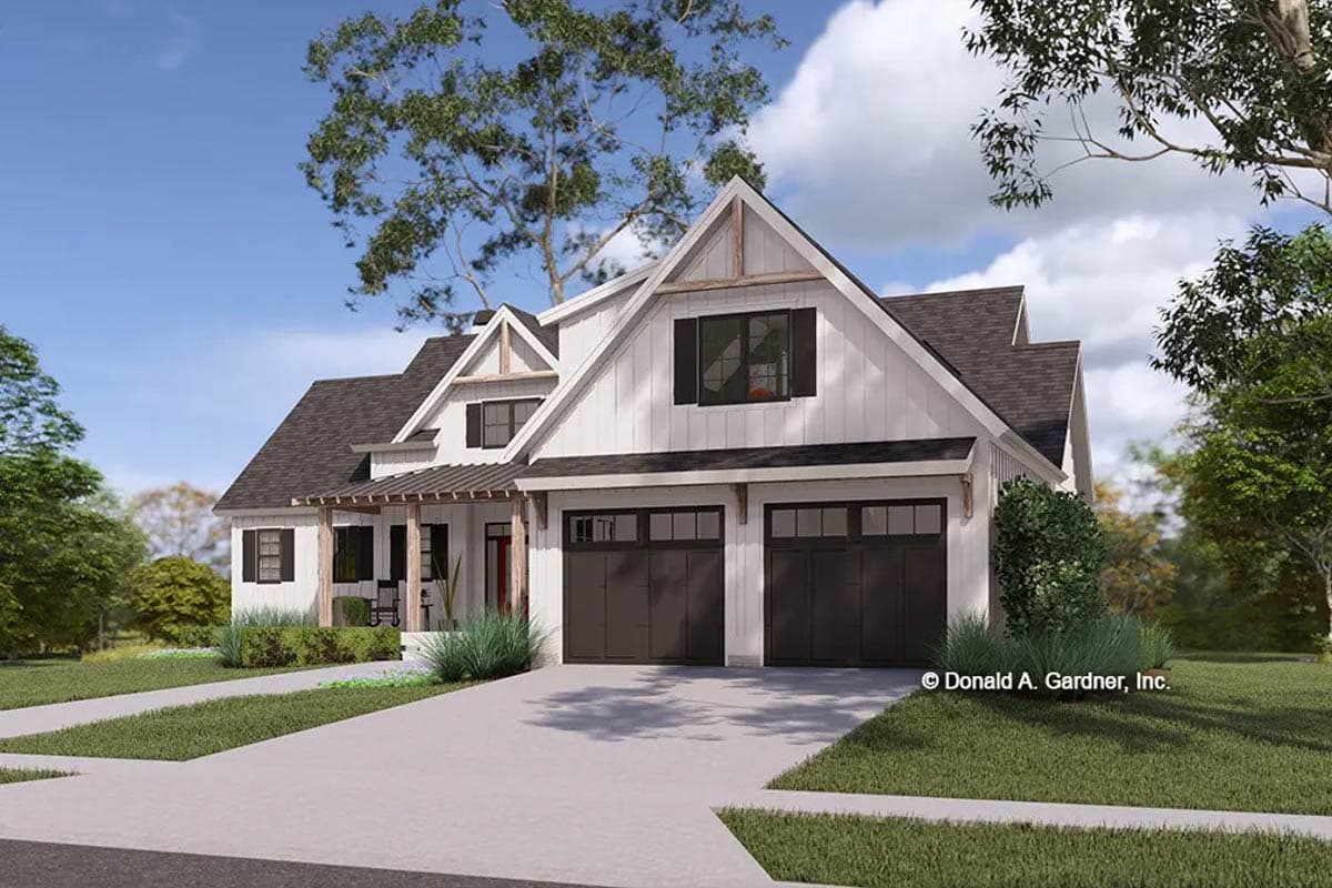 Modern Farmhouse house plan exterior with gabled dormers, a covered front porch, and a side-facing two-car garage.