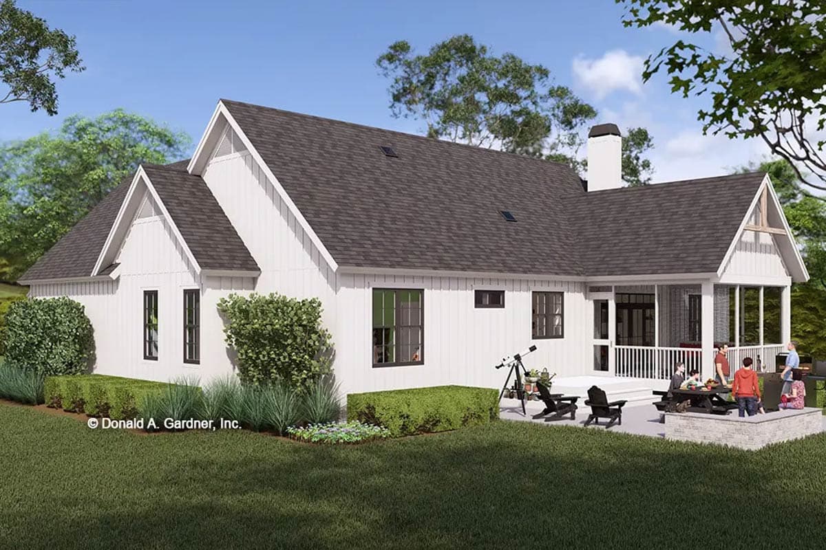 House plan exterior: Modern Farmhouse style, one story, with gables, board and batten siding, and a screened porch.