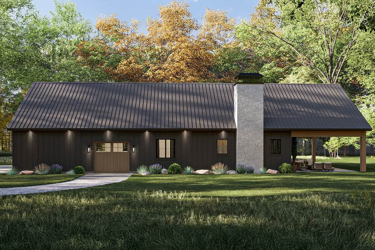 Modern house plan exterior with dark vertical siding, metal roof, stone chimney, and covered porch.