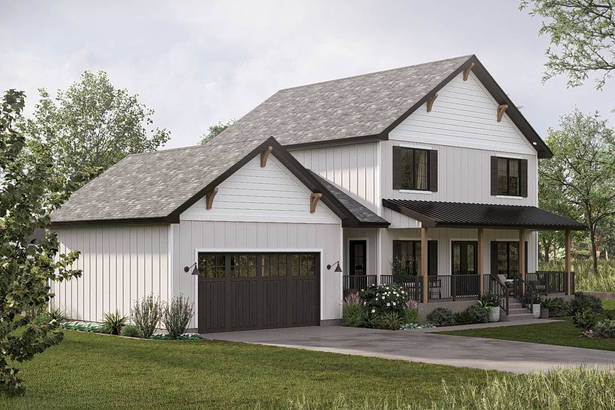 Modern Farmhouse style two-story house plan exterior with a prominent gable, covered porch, and attached two-car garage.