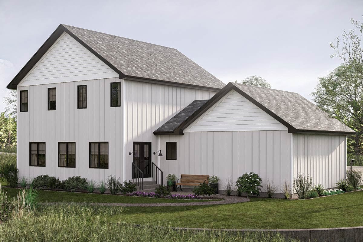 Two-story house plan exterior with vertical siding, gabled rooflines, and black-framed windows.