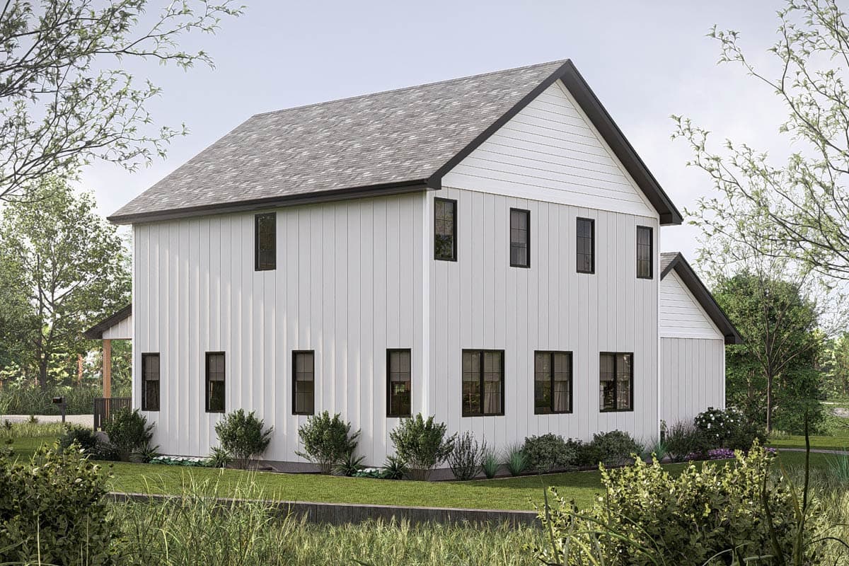 Modern house plan exterior: two stories, white vertical siding, gabled roof, and dark-framed windows.