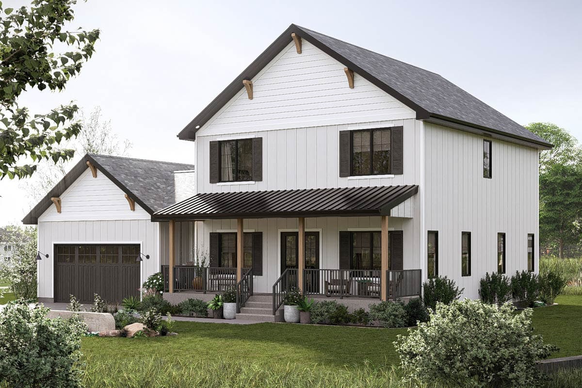 Modern Farmhouse house plan exterior, two stories, white board-and-batten siding, dark gabled roof, covered porch, attached garage.