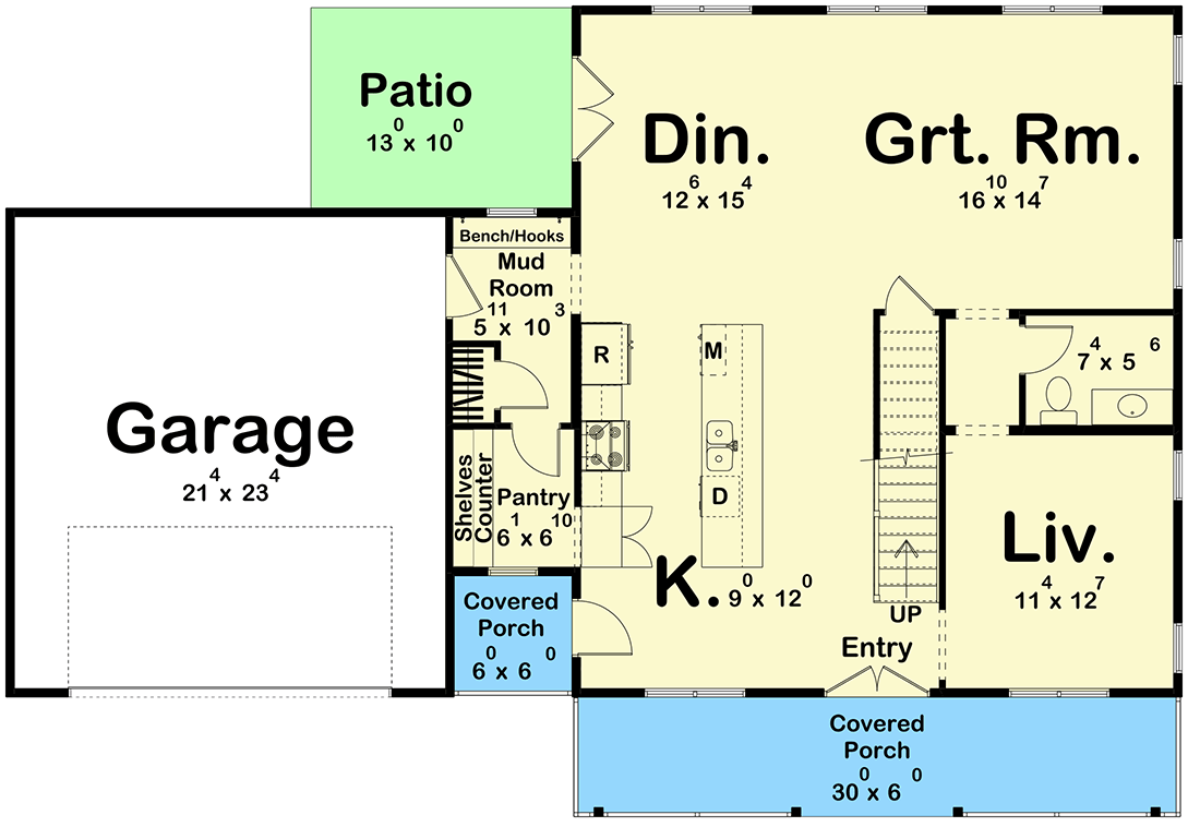 Plan 623558DJ: Charming Farmhouse House Plan with Upstairs Laundry and Butler's Pantry - Floor Plan - Main Level - Slab/Crawl Option ($ Paid Option) - Farmhouse