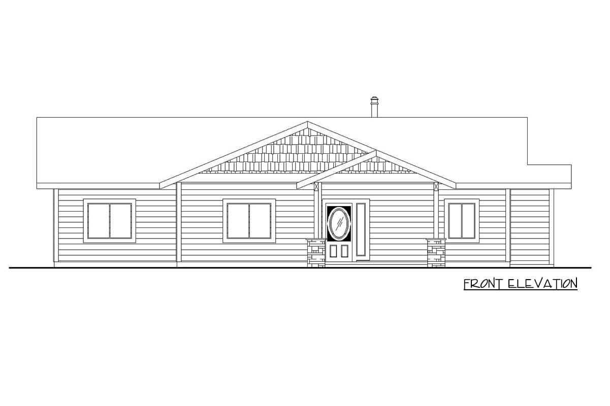 Front elevation drawing of a single-story house with a prominent gable, porch, and horizontal siding.