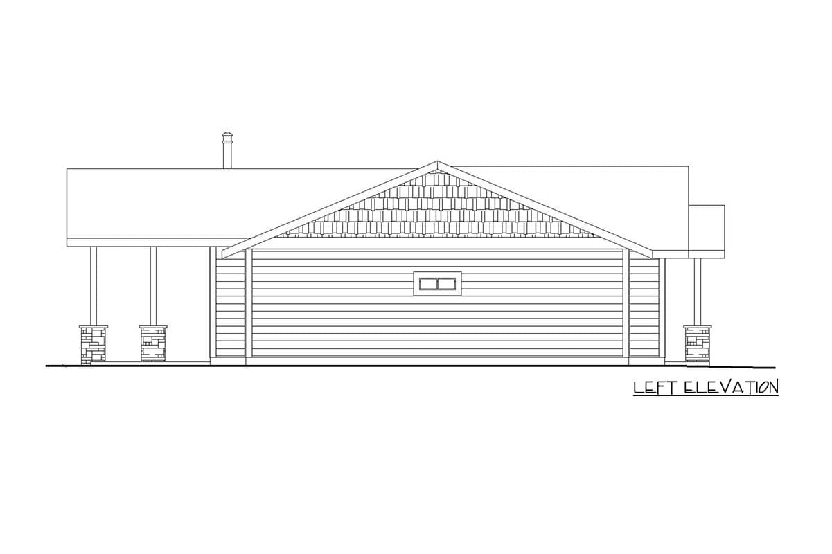 Left elevation drawing of a house plan with horizontal siding, gable, and stone-clad porch columns.