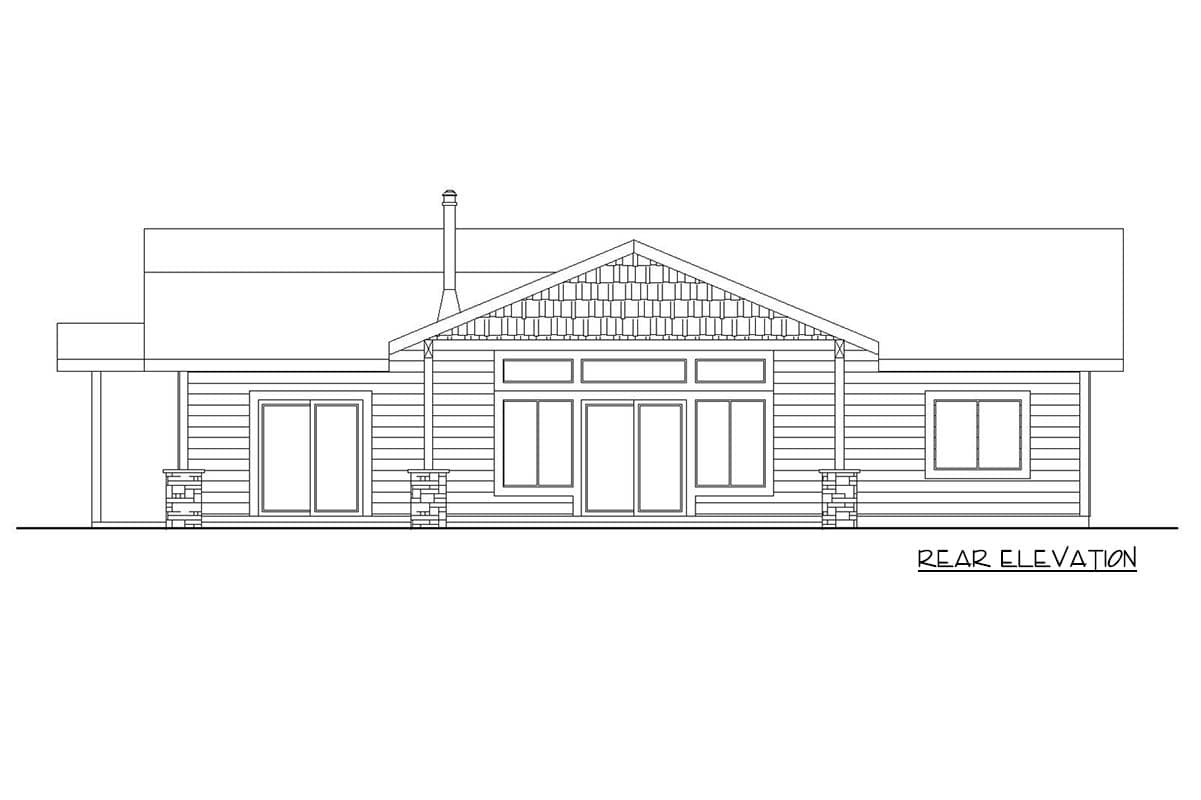 Rear elevation drawing of a single-story house with a gable roof, stone-clad columns, and large windows.