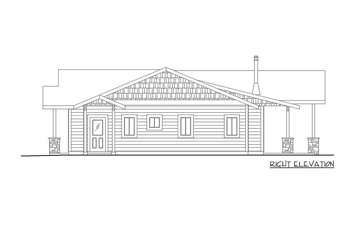 Right elevation house plan exterior. Single-story home with a covered front porch, lap siding, and a prominent gable with shake siding.