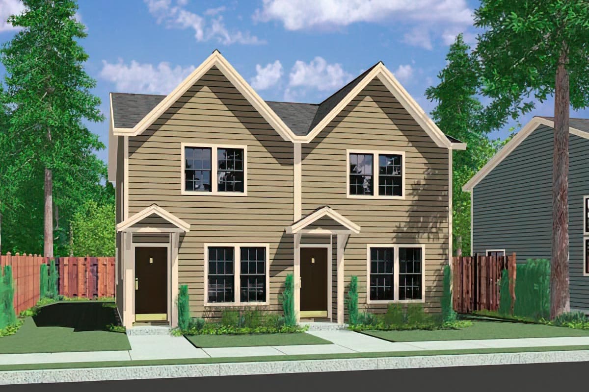 House plan exterior: two-story duplex with vertical siding, gabled roofs, and front-facing entrances with pediments.