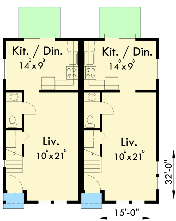 Plan 38006LB: Duplex House Plan for Your Narrow Lot - 919 Sq Ft 2 Bed Units - Floor Plan - Main Level - Traditional