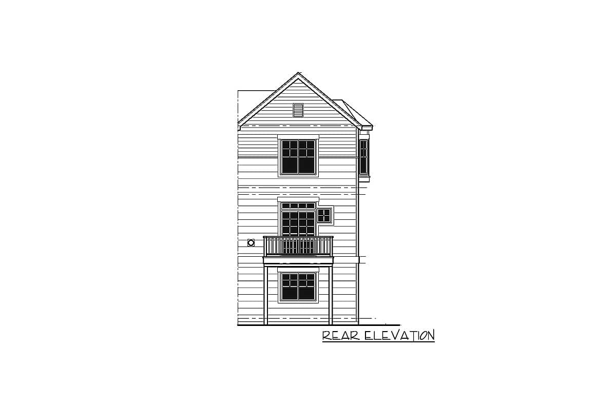 Rear elevation drawing of a three-story house with lap siding, multiple windows, and a second-story balcony.