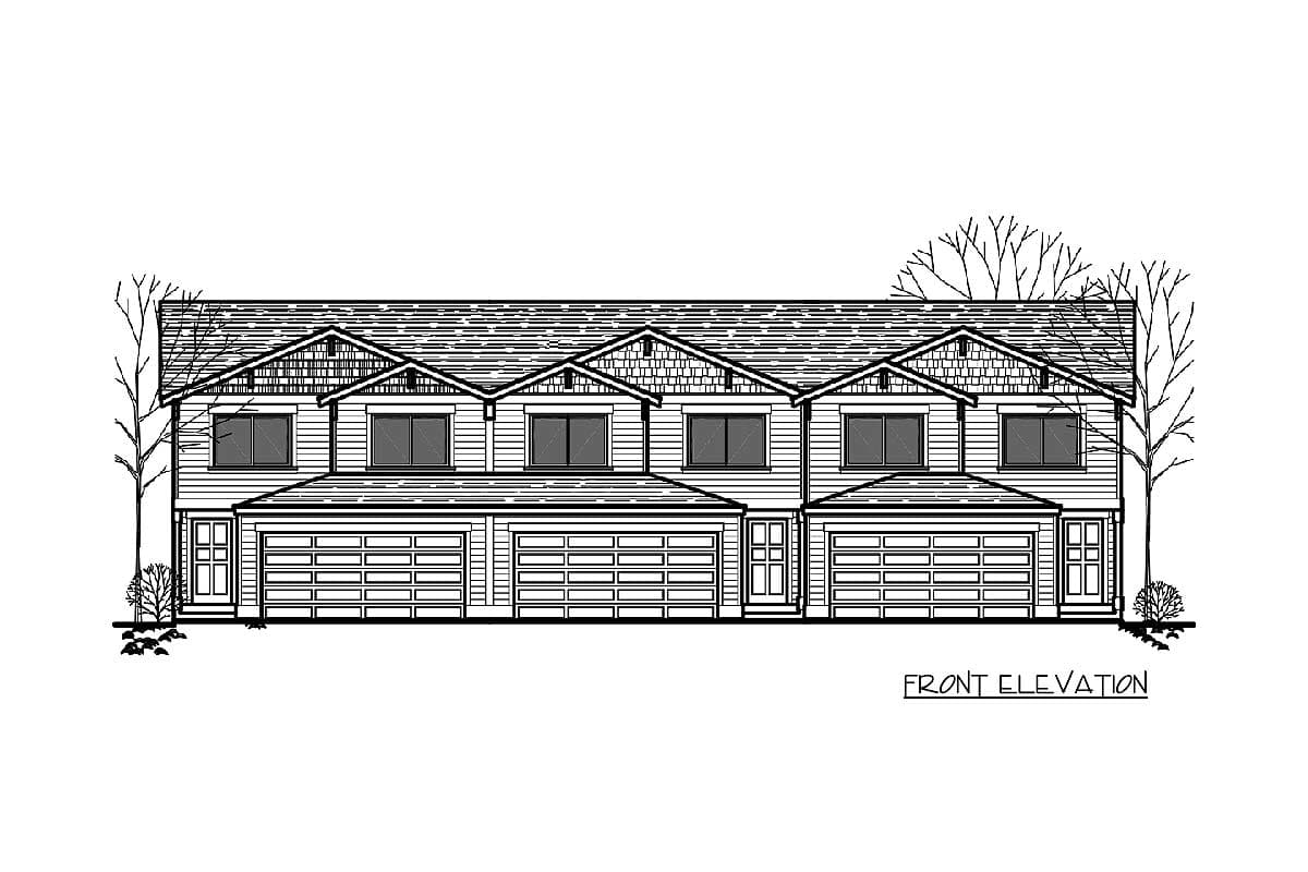 Front elevation drawing of a two-story, three-unit townhome with multiple gables and attached garages.