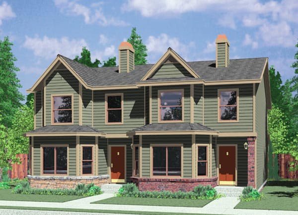 House plan exterior: Two-story duplex with gables, bay windows, stone and brick accents, and prominent chimneys.