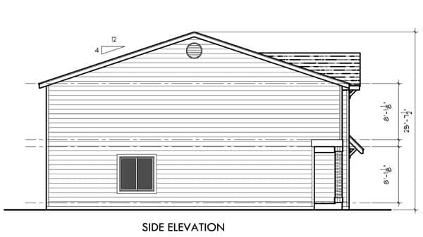Side elevation drawing of a house plan featuring horizontal siding, a gabled roof, a small window, and a covered entrance.