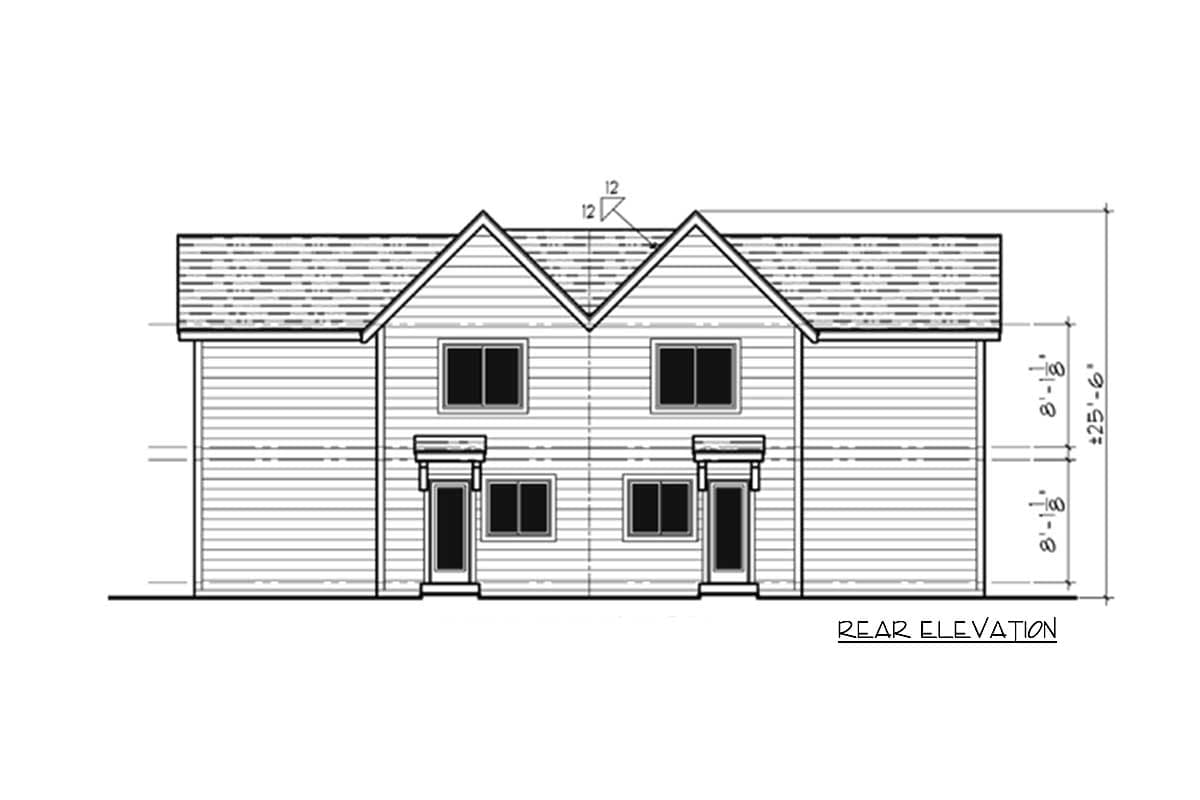 Rear elevation drawing of a two-story house plan with gable roofs, horizontal siding, and two front entrances.