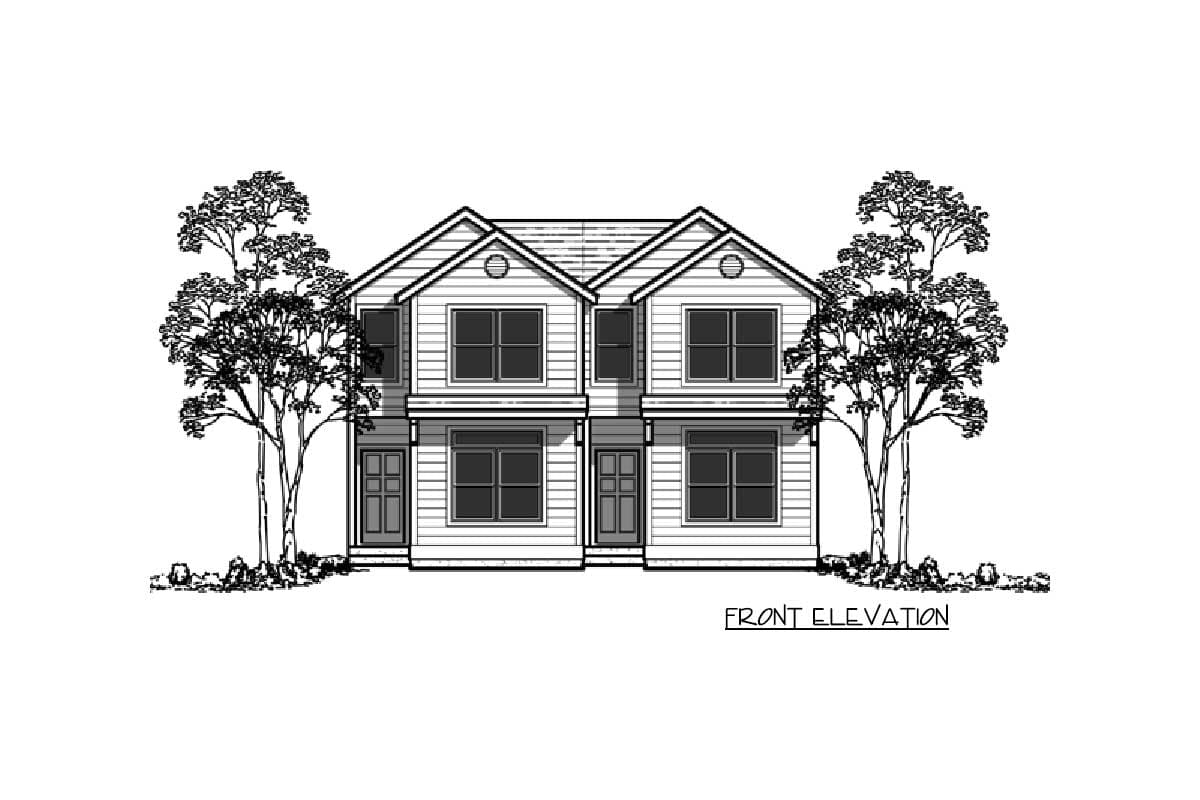 Front elevation drawing of a two-story duplex with symmetrical gables and paired front doors.
