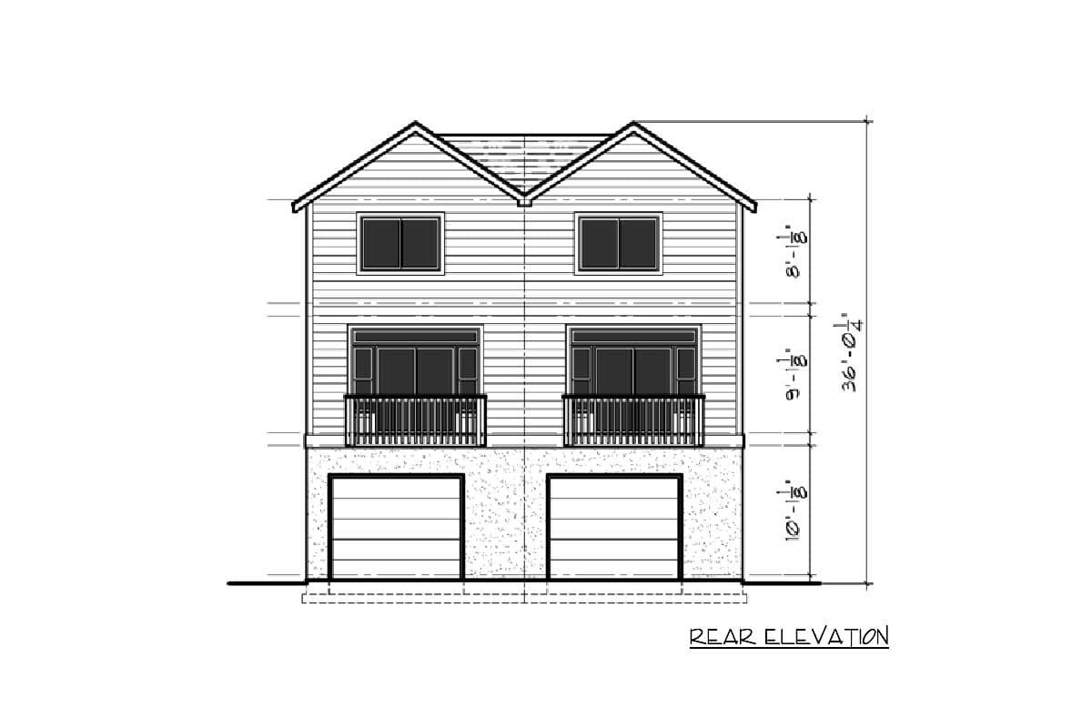 Rear elevation drawing of a two-story house plan with double garage, balconies, and gabled roof.