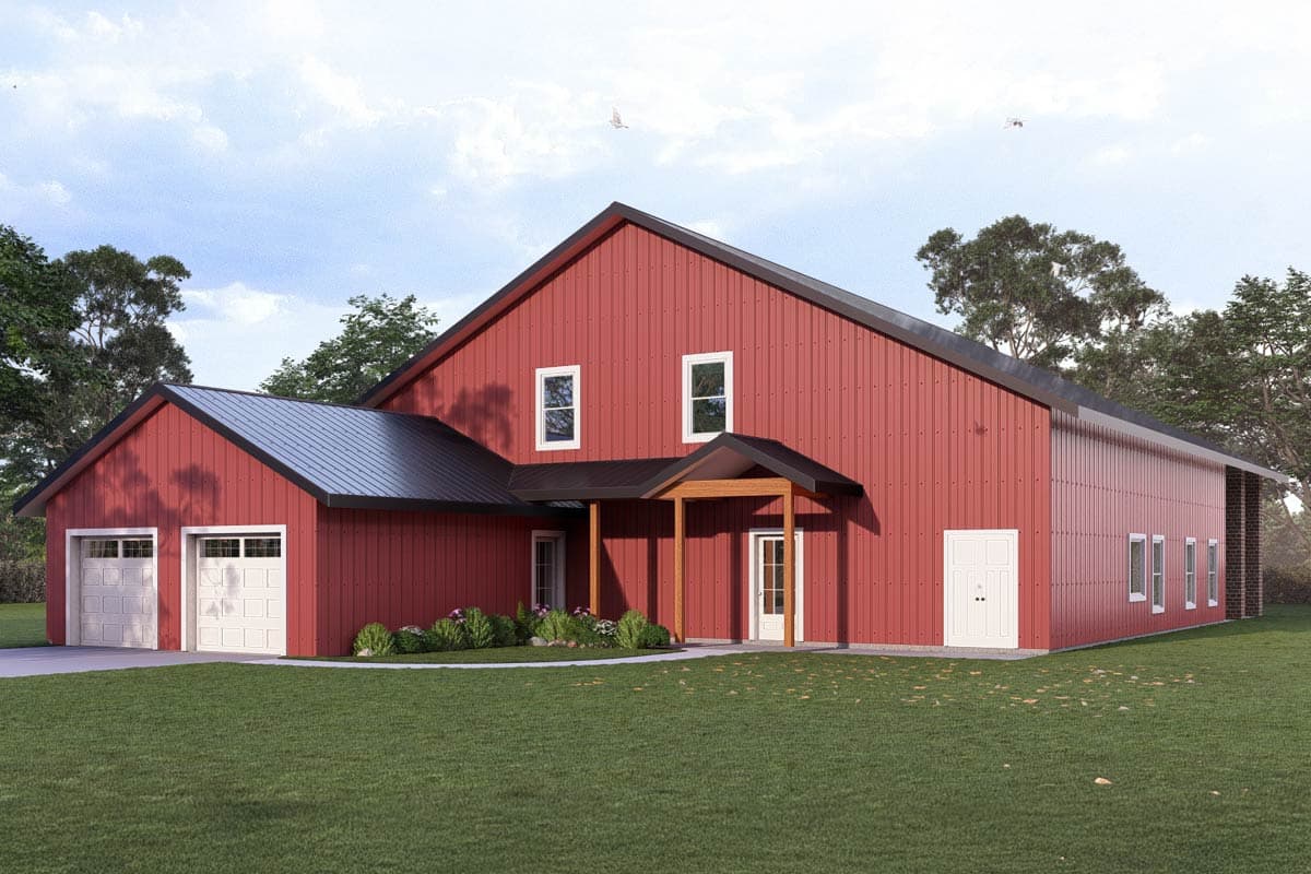 House plan exterior with red siding and a gabled roof. Features include a two-car garage, porch, and a shed-roof style extension.