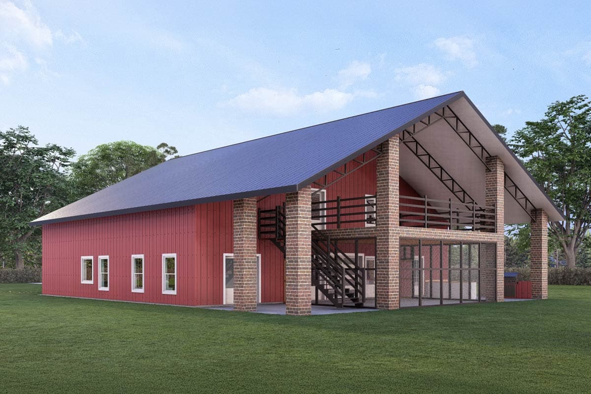 House plan exterior of a two-story barn-style home with a red metal exterior, brick accents, a prominent gable roof, and an upper-level balcony.
