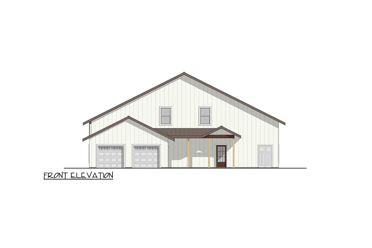 Front elevation of a two-story house plan featuring a prominent gable roof, two garage doors, and a covered entry.