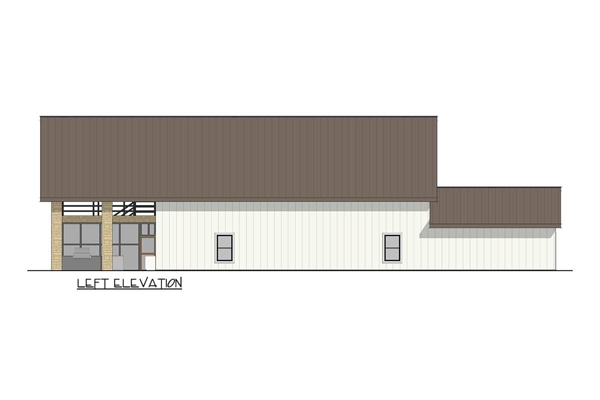 Left elevation house plan with large windows, metal roof, and horizontal siding.