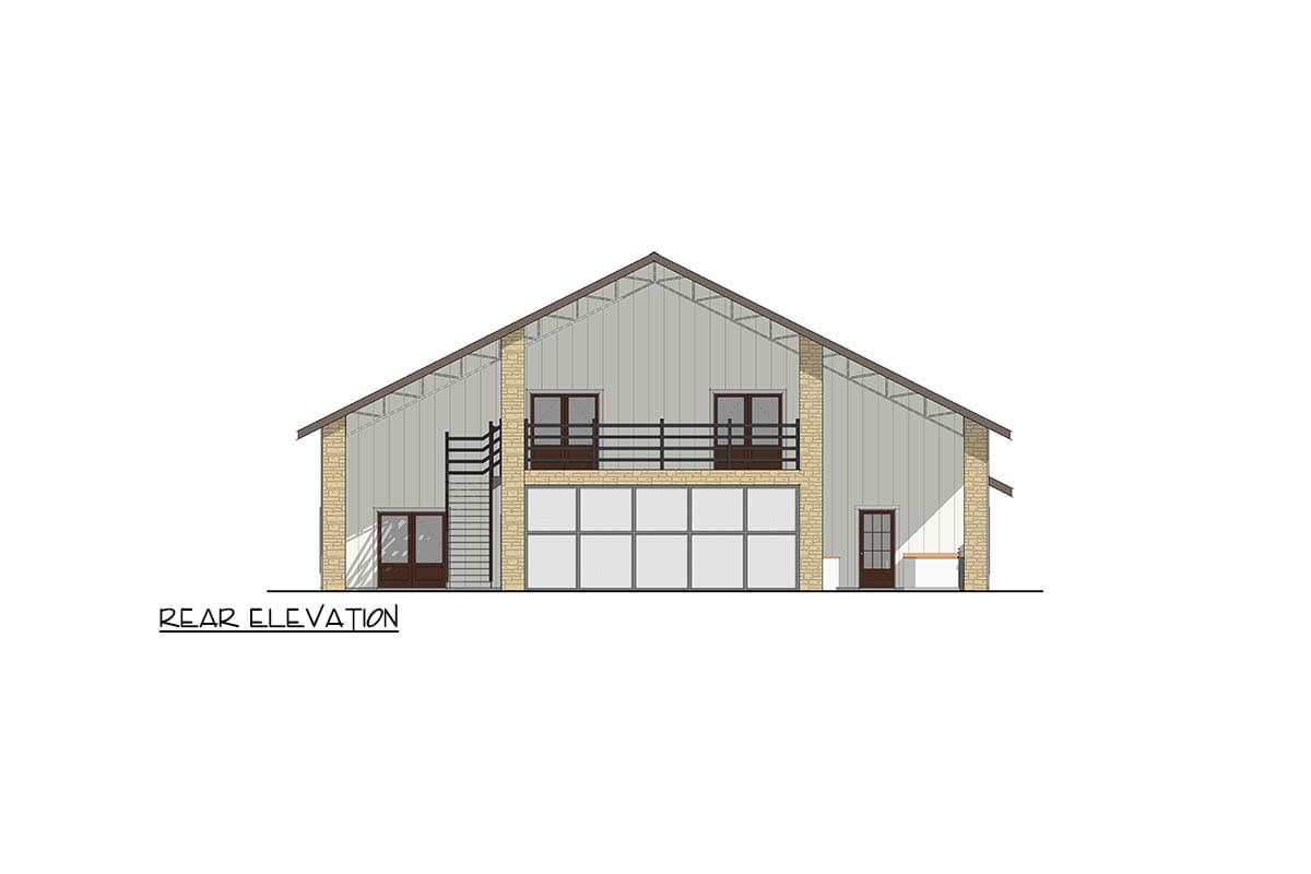 Rear elevation drawing of a house plan featuring a large window wall, a second-story balcony, and an external staircase.