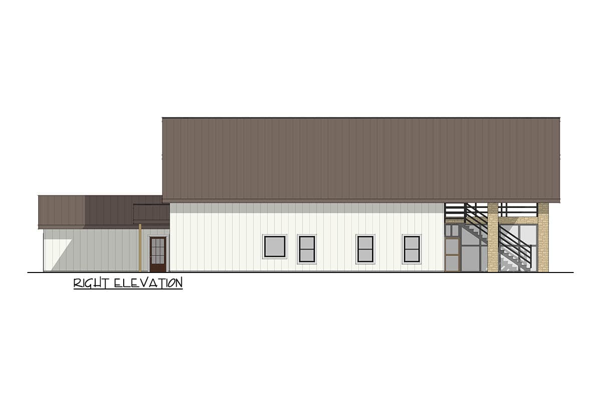 Right elevation house plan with white siding, brown metal roof, and exterior stairs with railings.