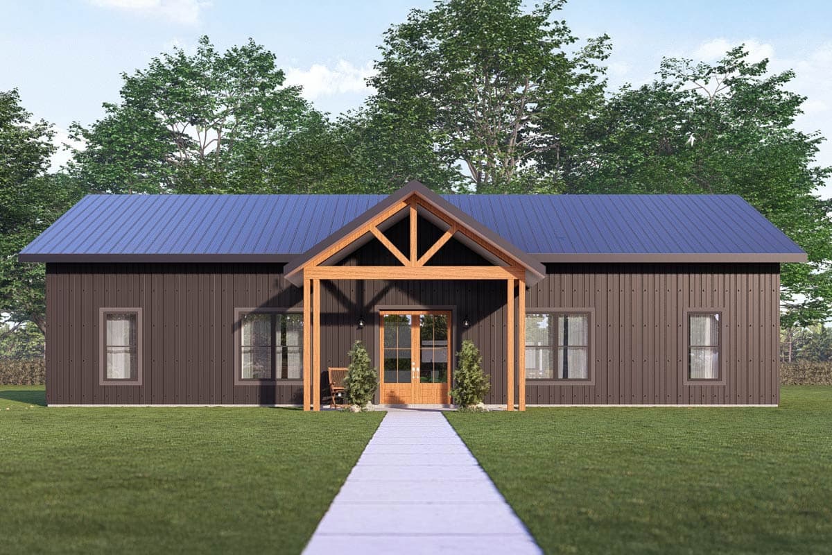 House plan exterior: Modern ranch with a prominent wooden-truss covered entrance, dark metal siding, and blue metal roof.